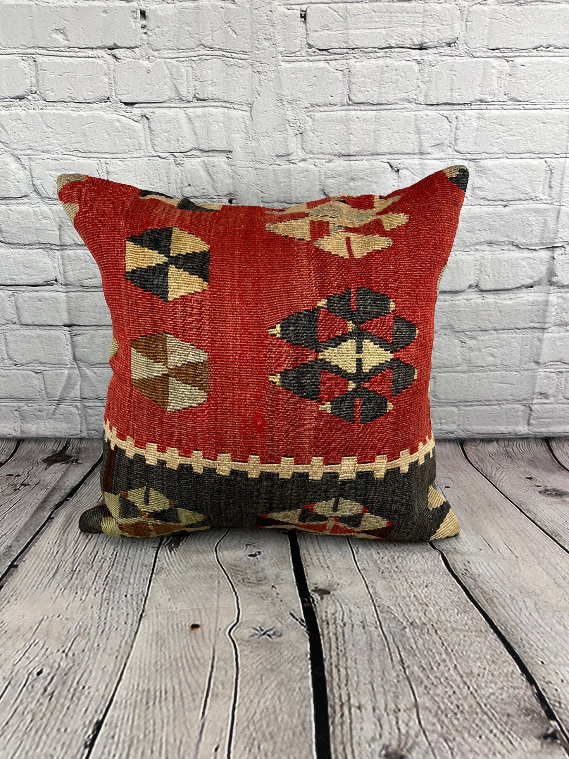 20 x 20 Kilim Pillow Turkish Cushion Natural Red Black Pillow Cushion Cover #6808