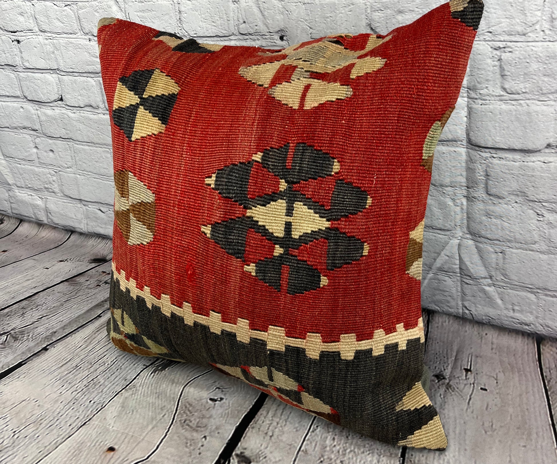 20 x 20 Kilim Pillow Turkish Cushion Natural Red Black Pillow Cushion Cover #6808