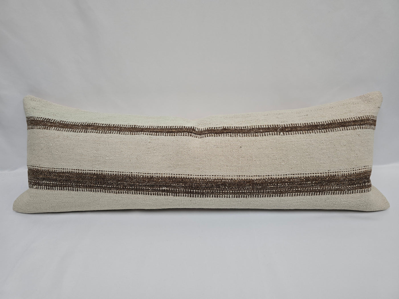 Turkish Lumbar Rug Pillow Cream Brown Cushion Cover Hemp Pillow 14" x 40" #9464