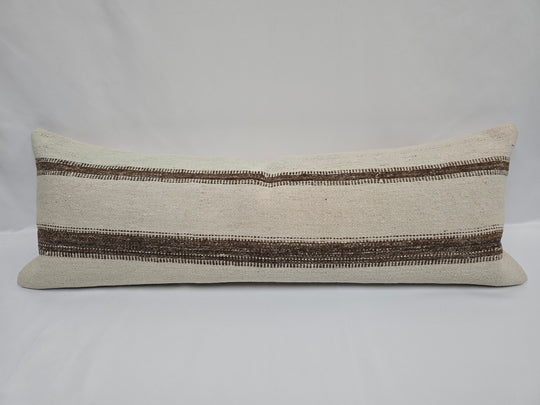 Turkish Lumbar Rug Pillow Cream Brown Cushion Cover Hemp Pillow 14" x 40" #9464