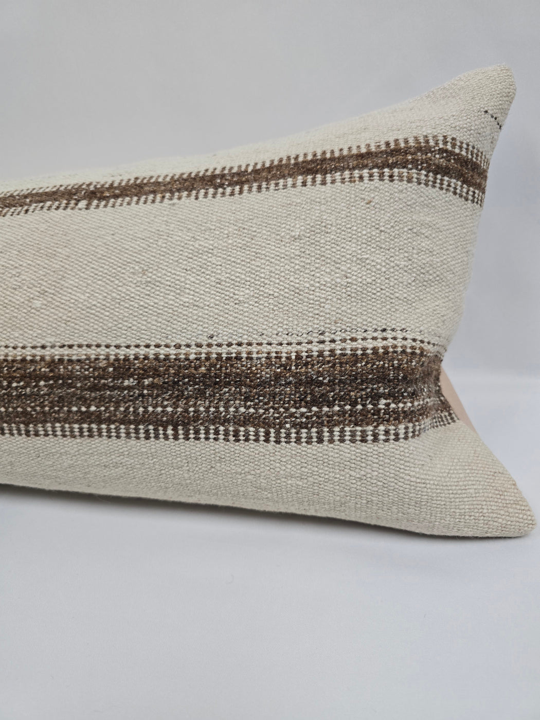Turkish Lumbar Rug Pillow Cream Brown Cushion Cover Hemp Pillow 14" x 40" #9464