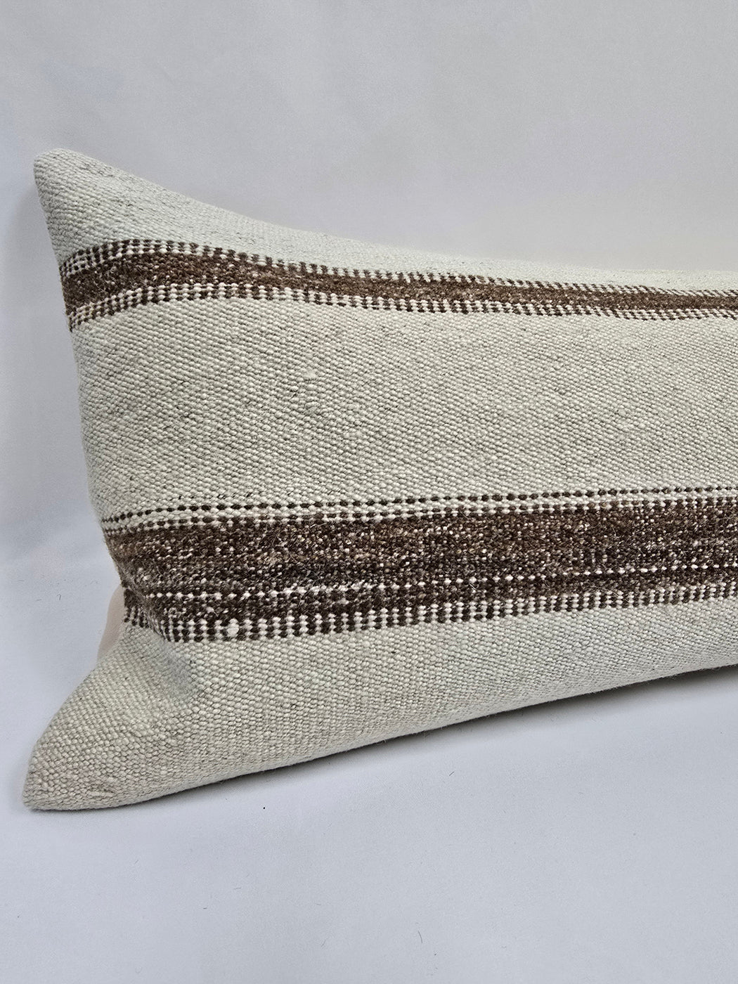 Turkish Lumbar Rug Pillow Cream Brown Cushion Cover Hemp Pillow 14" x 40" #9464