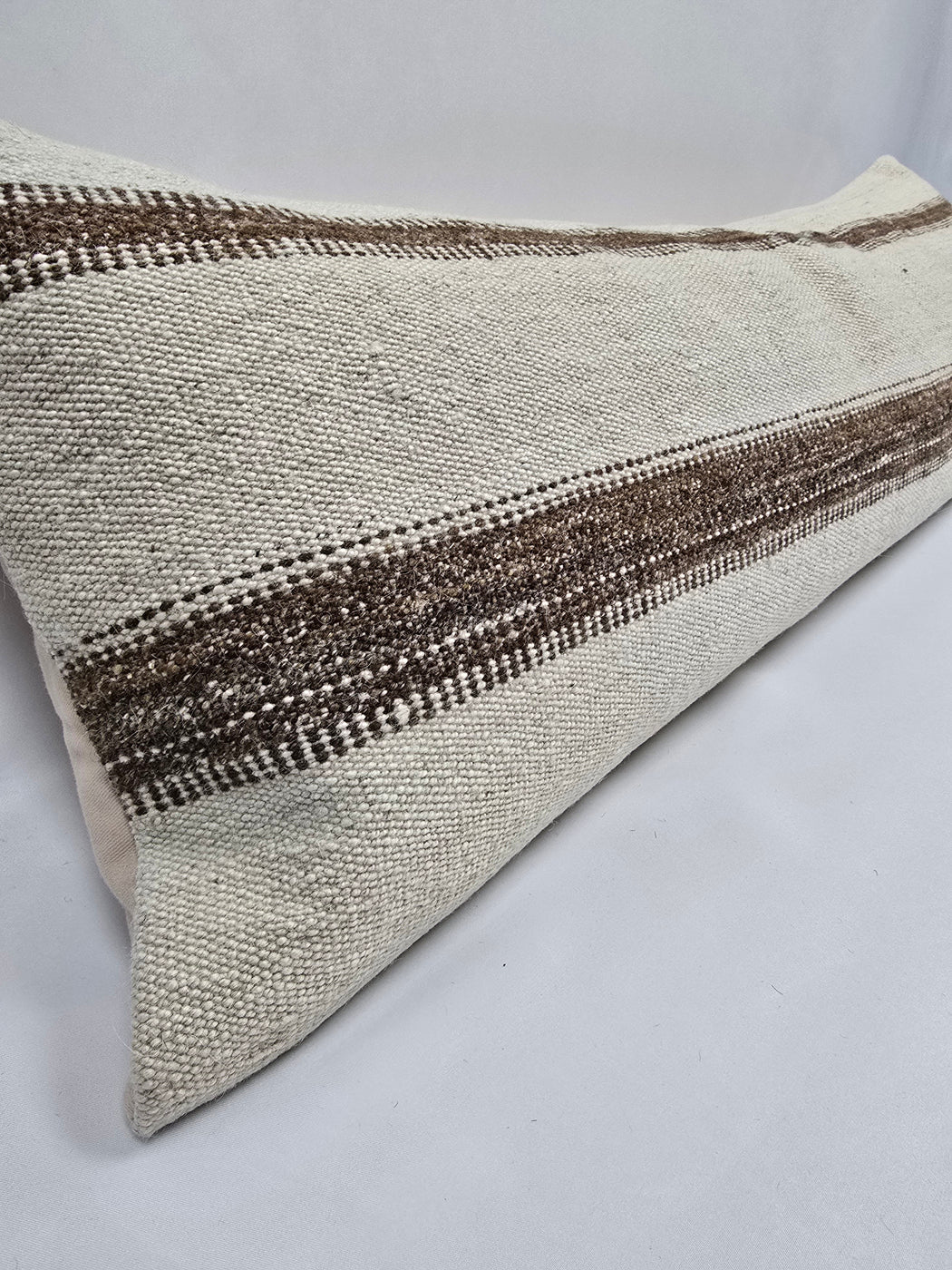 Turkish Lumbar Rug Pillow Cream Brown Cushion Cover Hemp Pillow 14" x 40" #9464