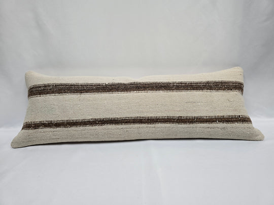 Turkish Lumbar Rug Pillow Cream Brown Cushion Cover Hemp Pillow 14" x 40" #9461