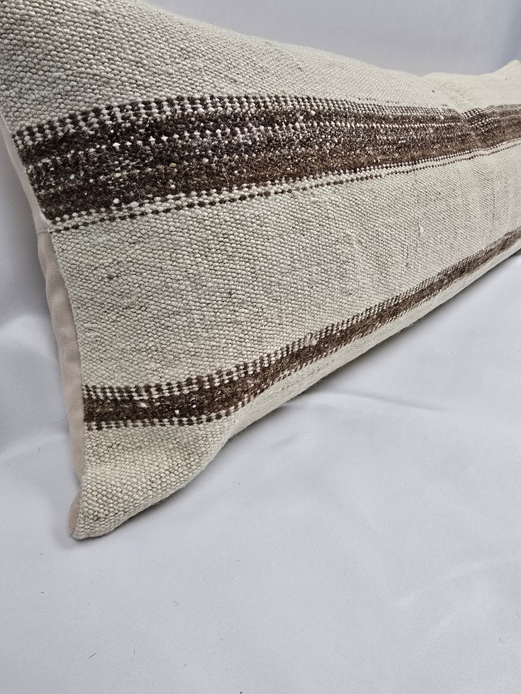 Turkish Lumbar Rug Pillow Cream Brown Cushion Cover Hemp Pillow 14" x 40" #9461