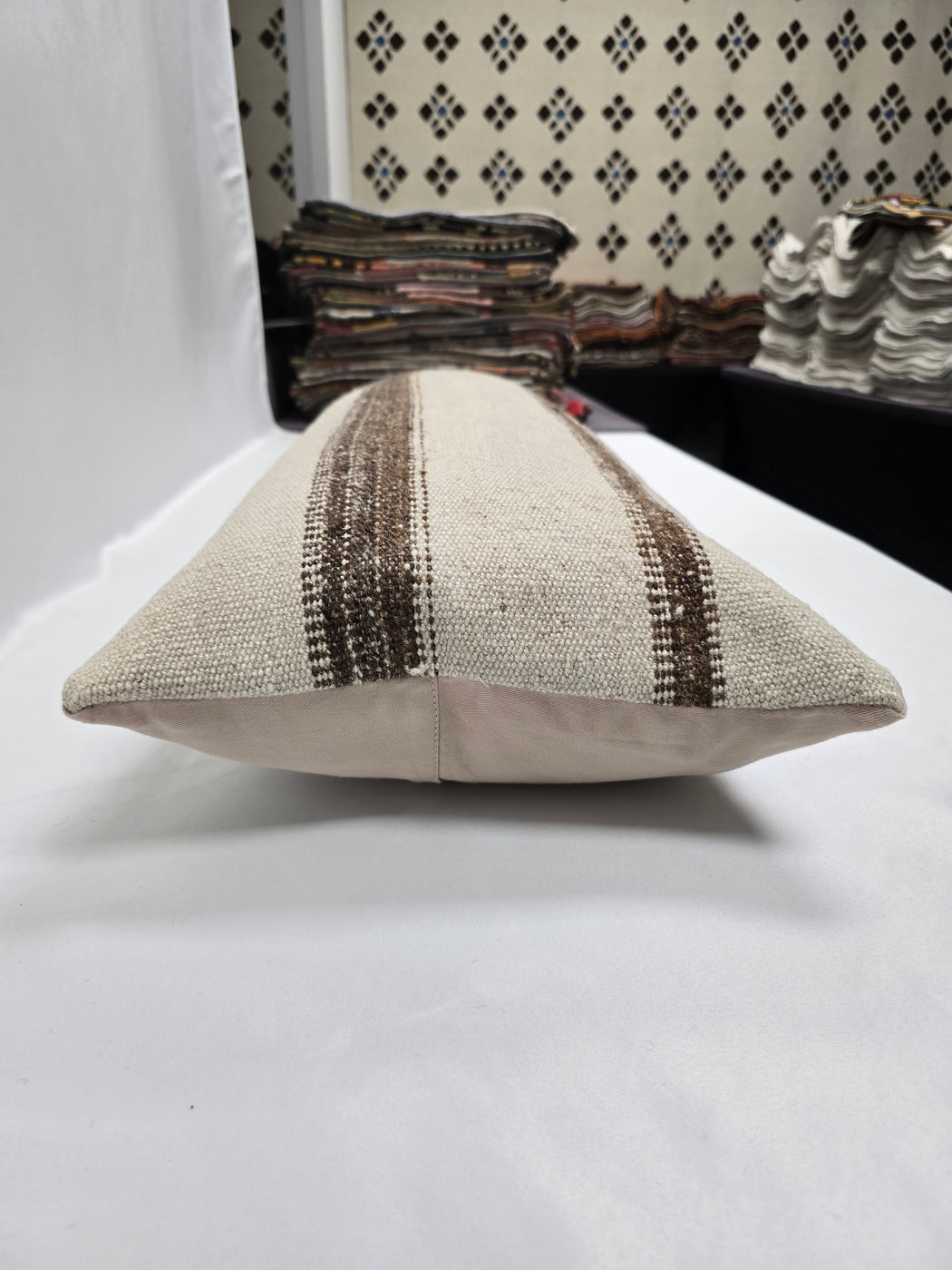 Turkish Lumbar Rug Pillow Cream Brown Cushion Cover Hemp Pillow 14" x 40" #9461