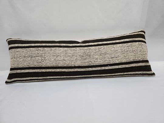 Turkish Lumbar Rug Pillow Cream Black Cushion Cover Hemp Pillow 14" x 40" #9463
