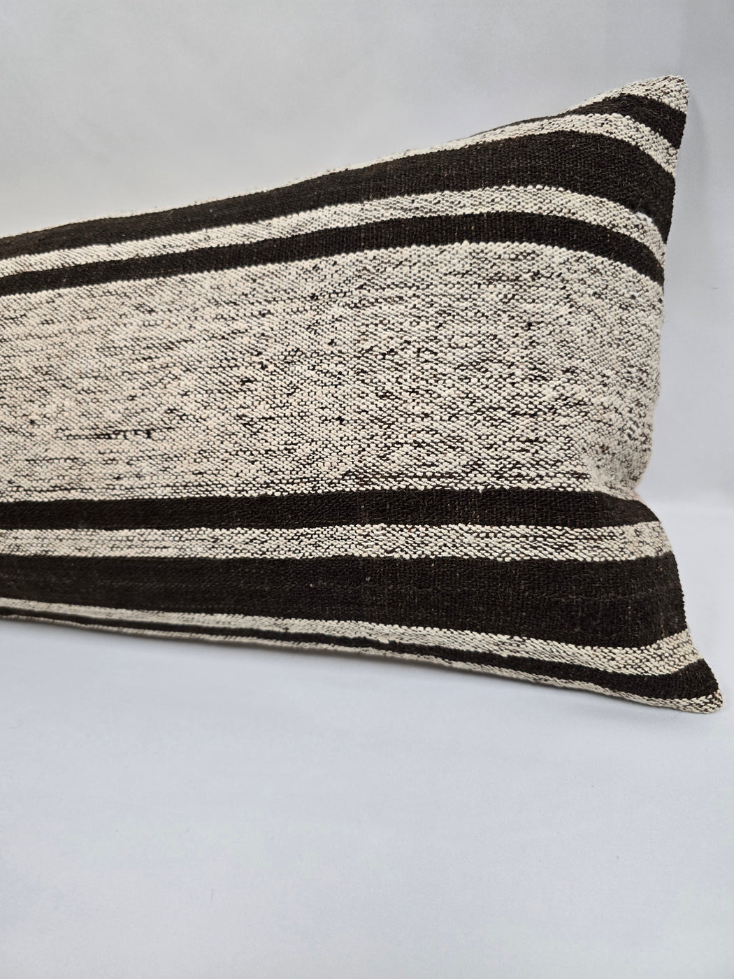 Turkish Lumbar Rug Pillow Cream Black Cushion Cover Hemp Pillow 14" x 40" #9463