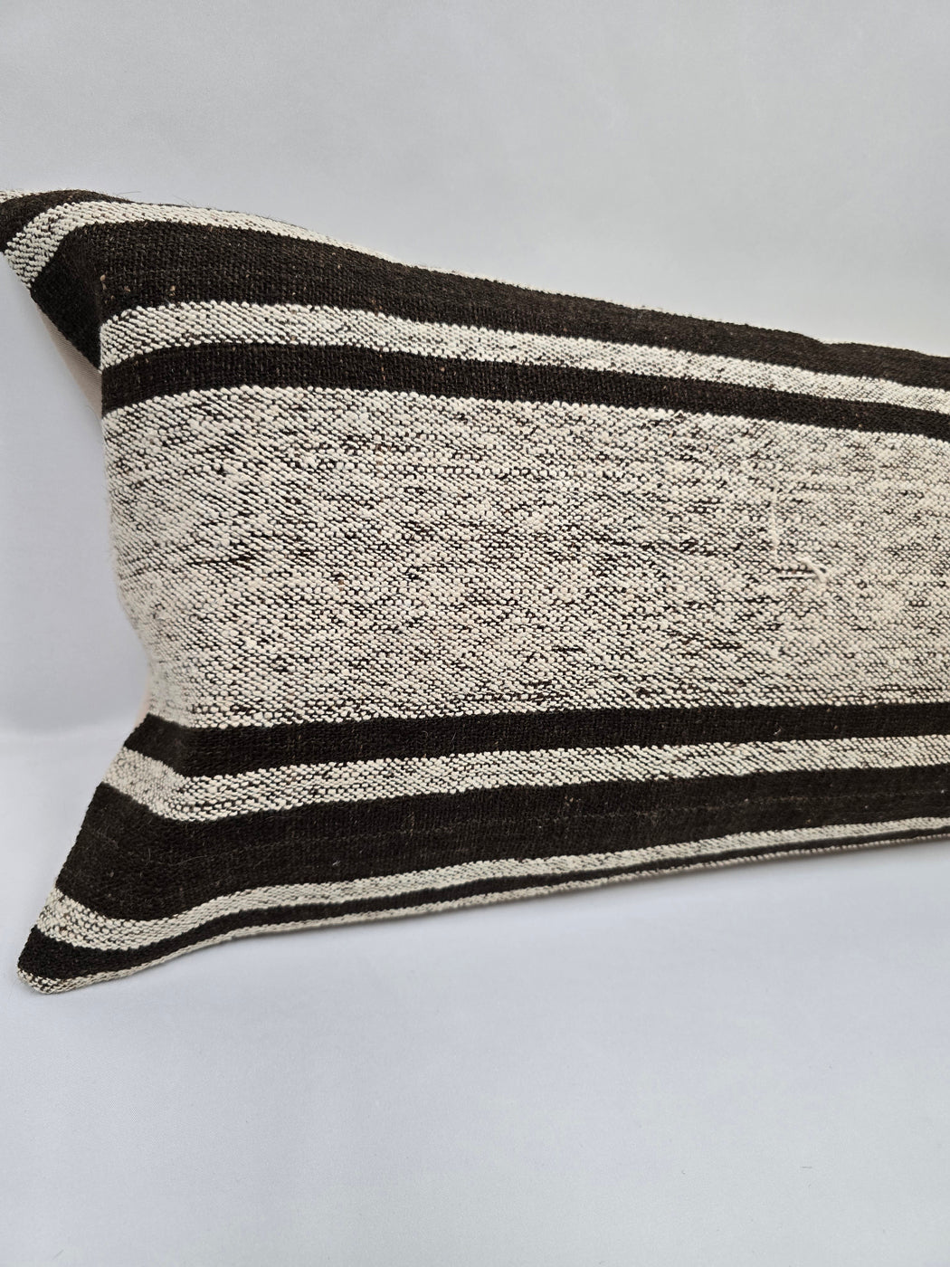 Turkish Lumbar Rug Pillow Cream Black Cushion Cover Hemp Pillow 14" x 40" #9463