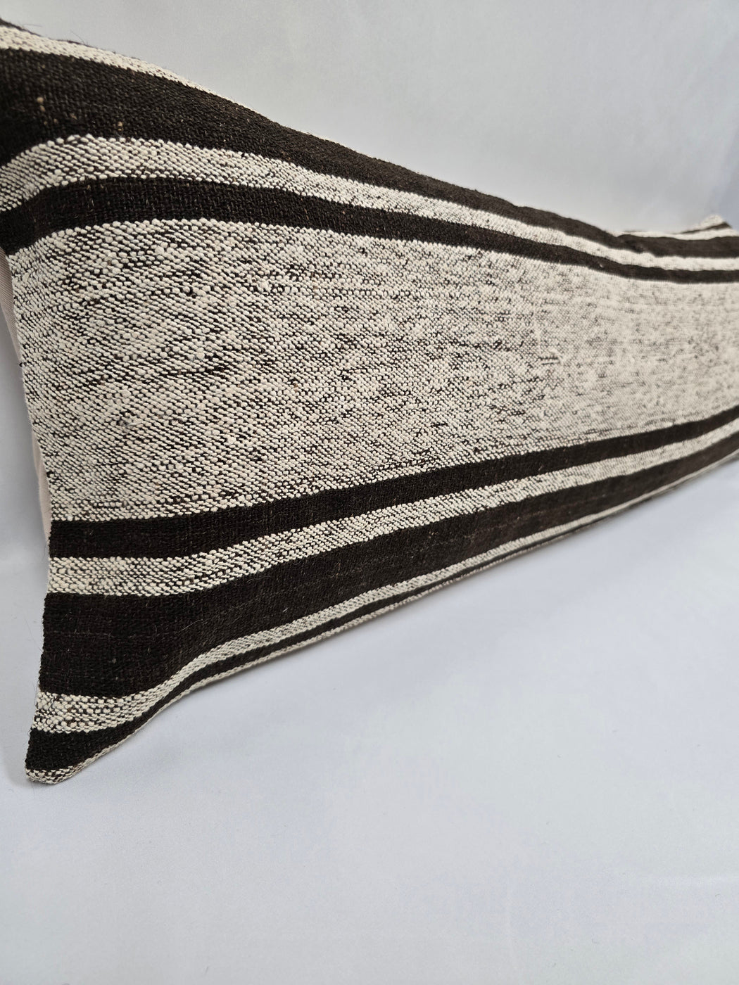 Turkish Lumbar Rug Pillow Cream Black Cushion Cover Hemp Pillow 14" x 40" #9463