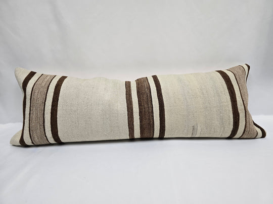 Turkish Lumbar Rug Pillow Cream Brown Cushion Cover Hemp Pillow 14" x 40" #9462