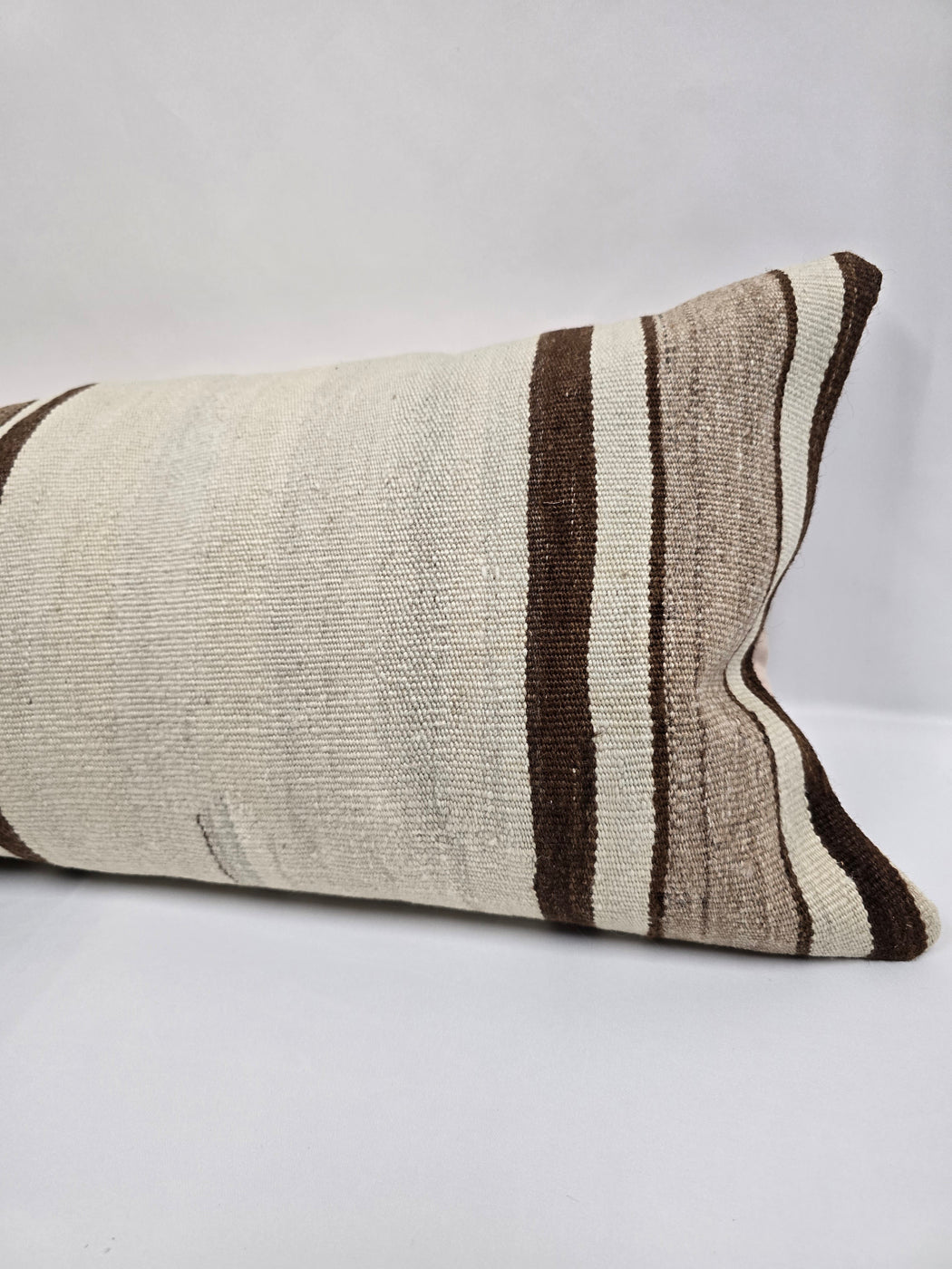 Turkish Lumbar Rug Pillow Cream Brown Cushion Cover Hemp Pillow 14" x 40" #9462