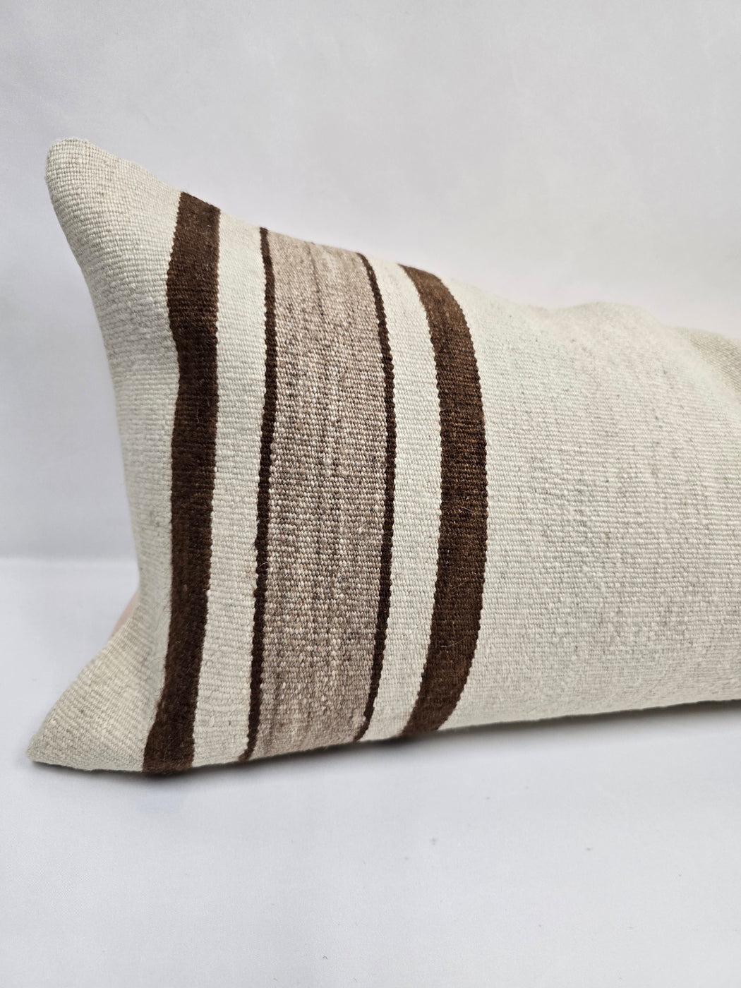 Turkish Lumbar Rug Pillow Cream Brown Cushion Cover Hemp Pillow 14" x 40" #9462