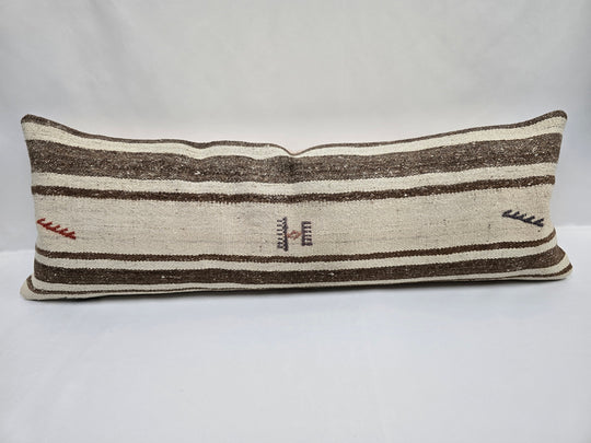 Turkish Lumbar Rug Pillow Cream Brown Red Cushion Cover Hemp Pillow 14" x 40" #9460