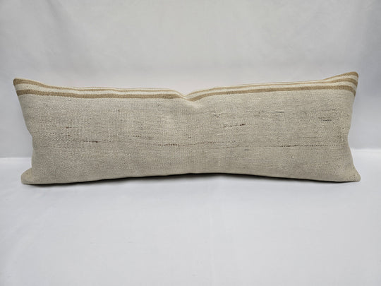 Turkish Lumbar Rug Pillow Cream Brown Cushion Cover Hemp Pillow 14" x 40" #9458