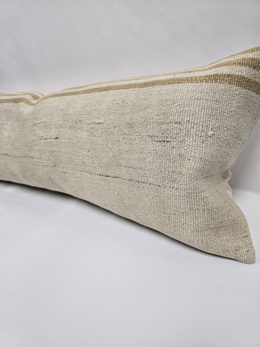 Turkish Lumbar Rug Pillow Cream Brown Cushion Cover Hemp Pillow 14" x 40" #9458