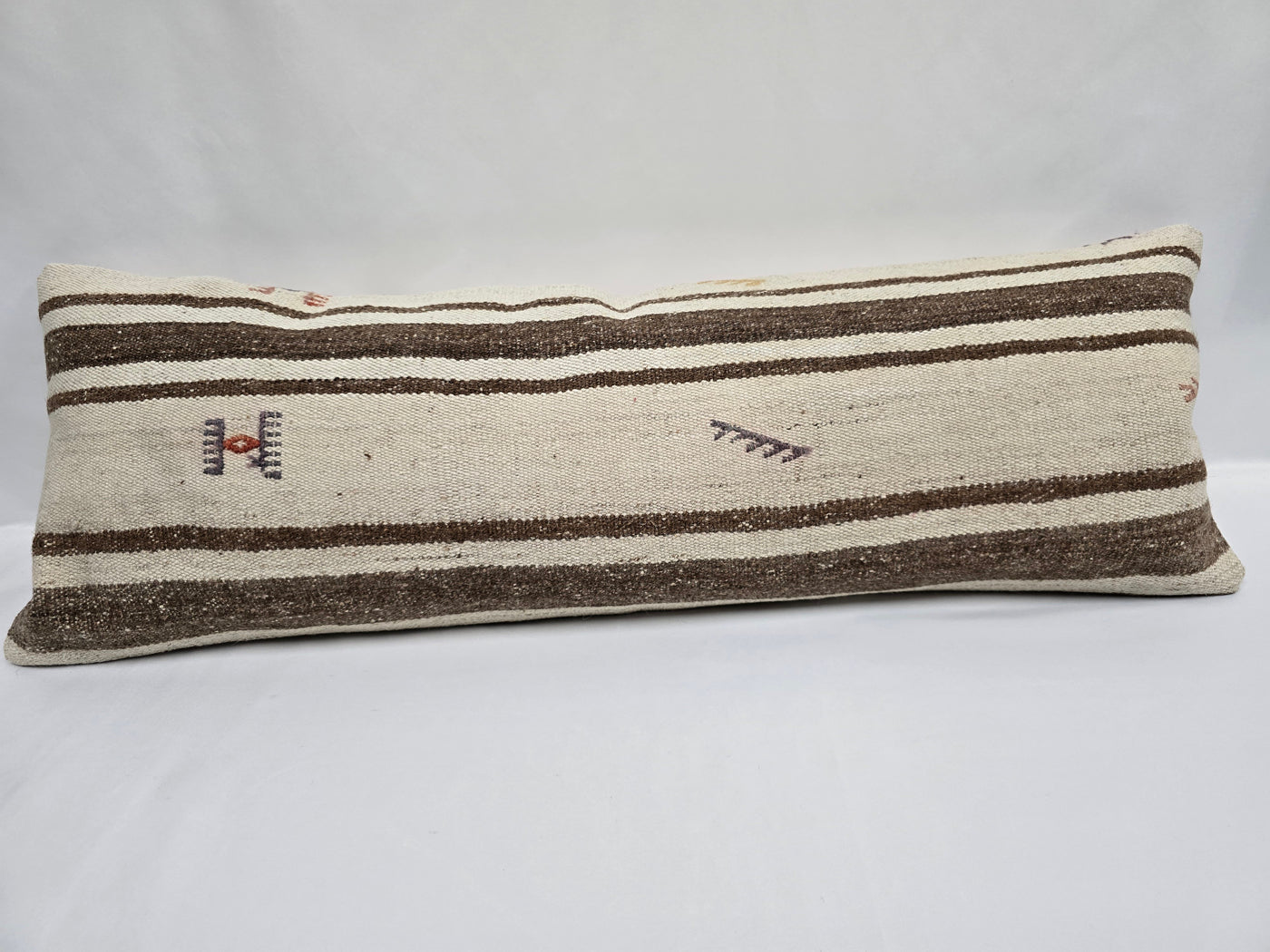 Turkish Lumbar Rug Pillow Cream Brown Cushion Cover Hemp Pillow 14" x 40" #9457