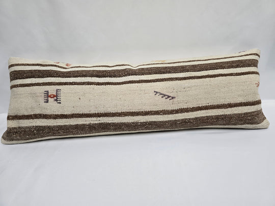 Turkish Lumbar Rug Pillow Cream Brown Cushion Cover Hemp Pillow 14" x 40" #9457