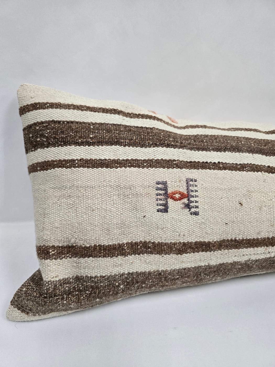 Turkish Lumbar Rug Pillow Cream Brown Cushion Cover Hemp Pillow 14" x 40" #9457