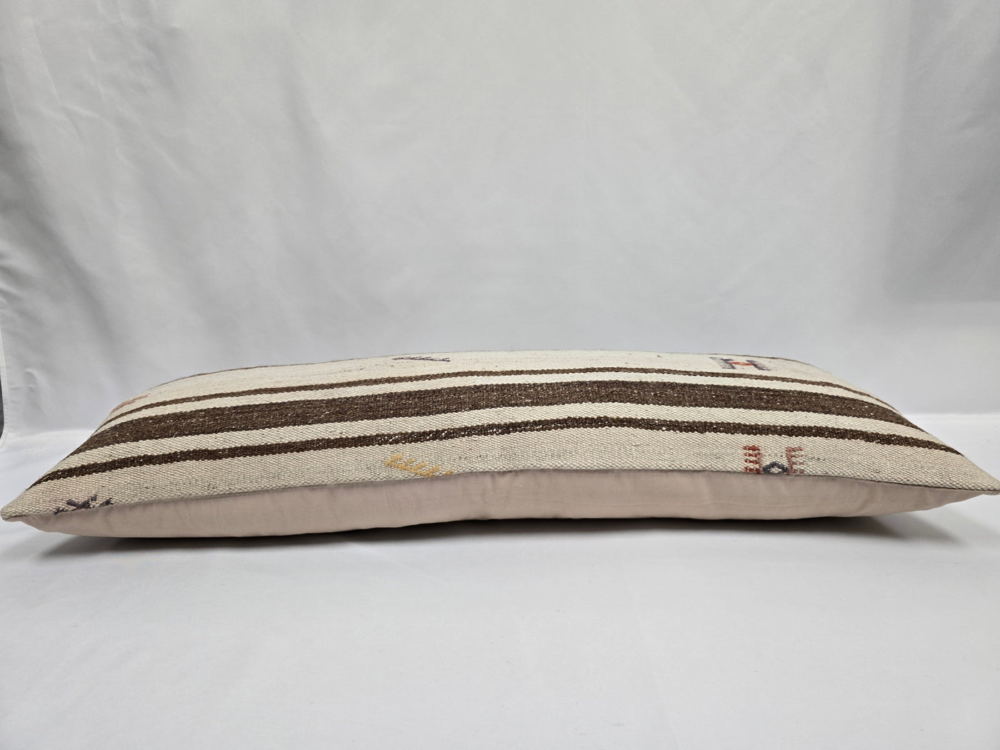 Turkish Lumbar Rug Pillow Cream Brown Cushion Cover Hemp Pillow 14" x 40" #9457