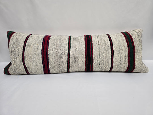 Turkish Lumbar Rug Pillow Cream Black Red Green Cushion Cover Hemp Pillow 14" x 40" #9455