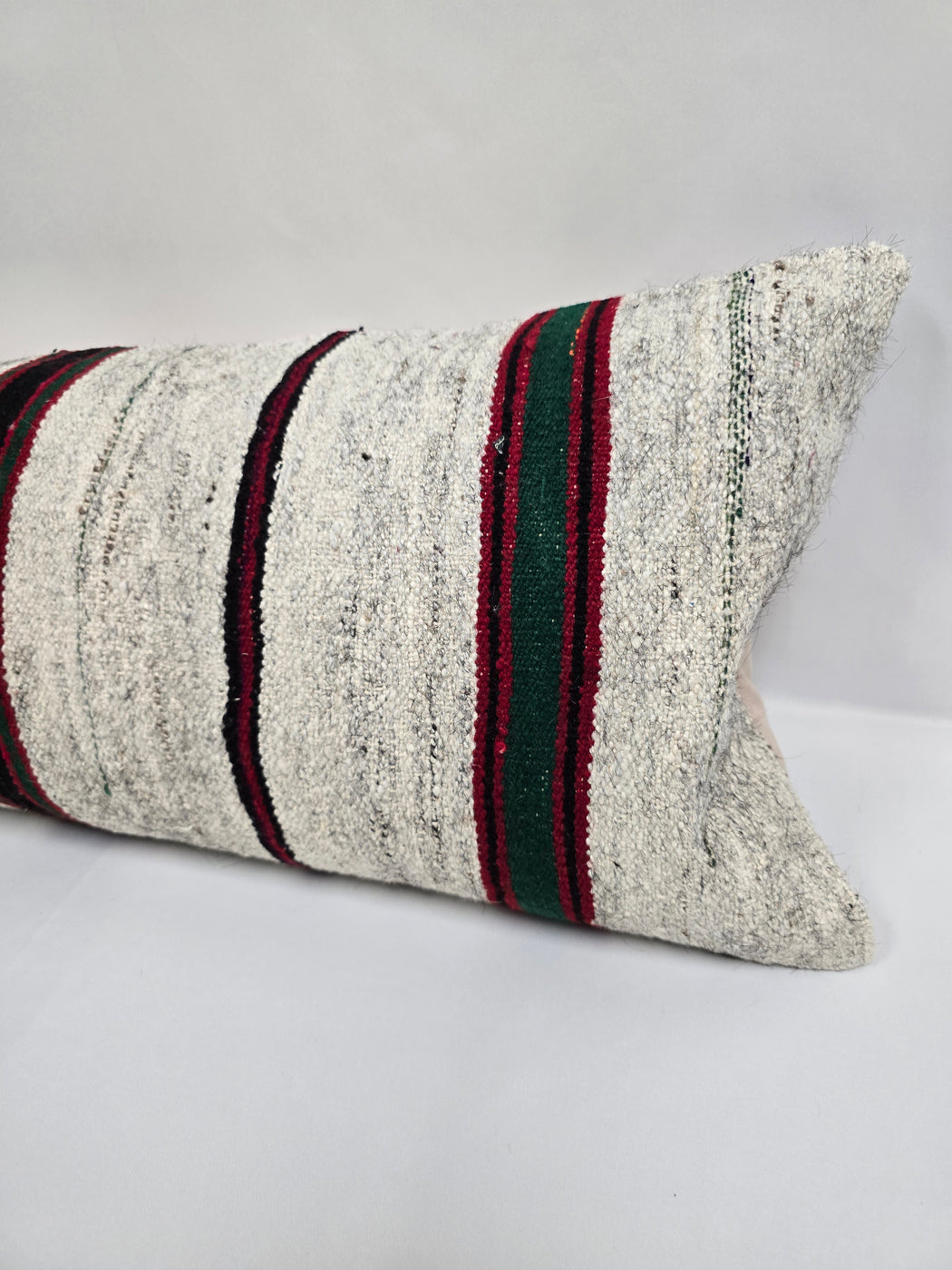 Turkish Lumbar Rug Pillow Cream Black Red Green Cushion Cover Hemp Pillow 14" x 40" #9455