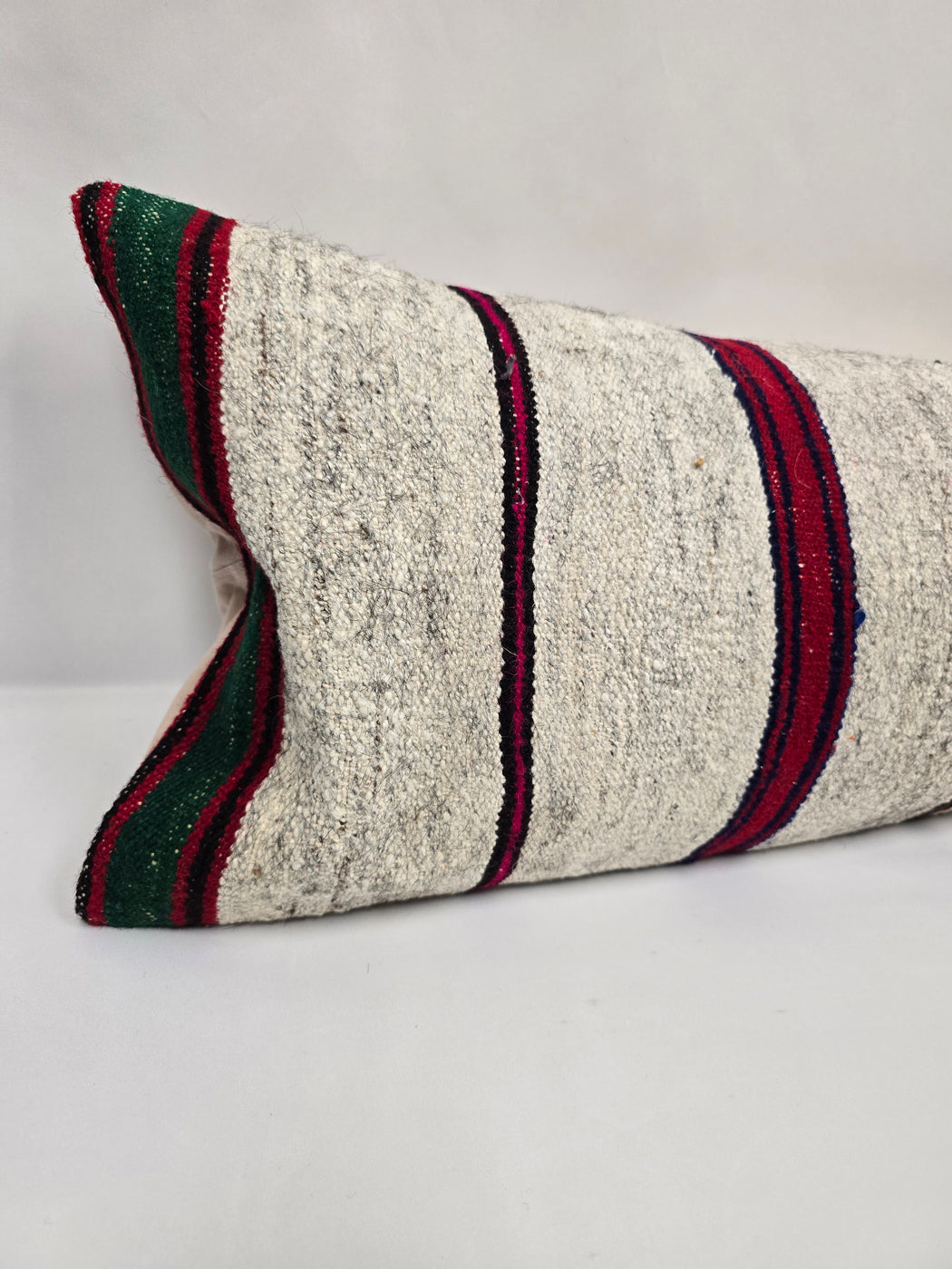 Turkish Lumbar Rug Pillow Cream Black Red Green Cushion Cover Hemp Pillow 14" x 40" #9455