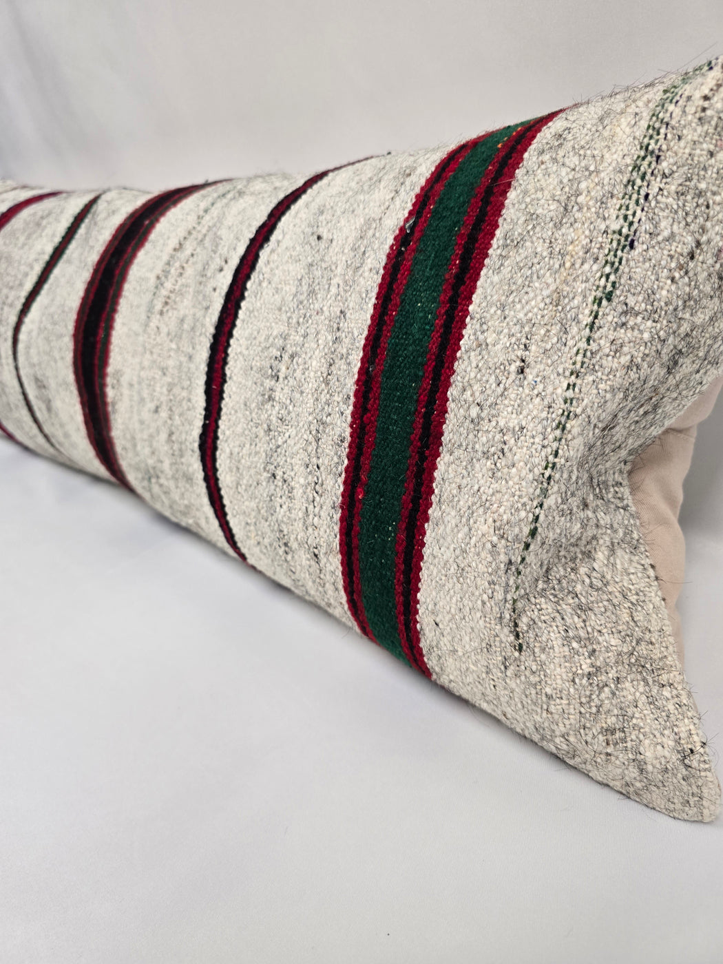 Turkish Lumbar Rug Pillow Cream Black Red Green Cushion Cover Hemp Pillow 14" x 40" #9455