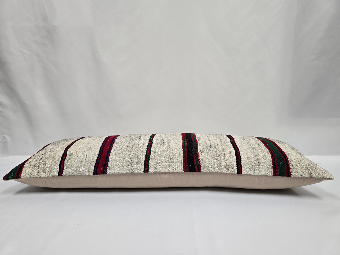 Turkish Lumbar Rug Pillow Cream Black Red Green Cushion Cover Hemp Pillow 14" x 40" #9455