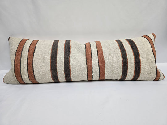 Turkish Lumbar Rug Pillow Cream Brown Cushion Cover Hemp Pillow 14" x 40" #9454