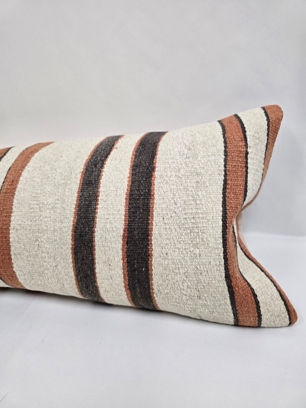 Turkish Lumbar Rug Pillow Cream Brown Cushion Cover Hemp Pillow 14" x 40" #9454