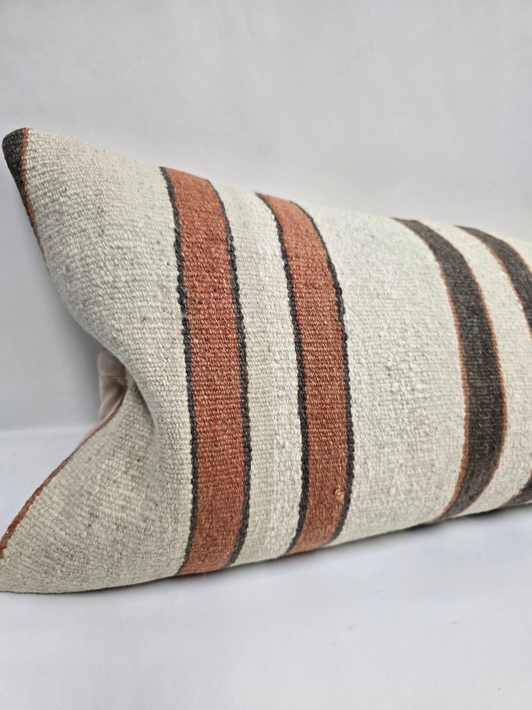 Turkish Lumbar Rug Pillow Cream Brown Cushion Cover Hemp Pillow 14" x 40" #9454