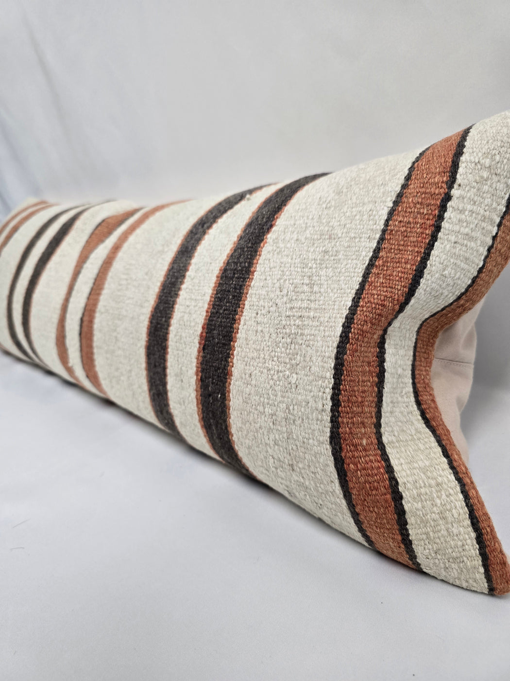 Turkish Lumbar Rug Pillow Cream Brown Cushion Cover Hemp Pillow 14" x 40" #9454