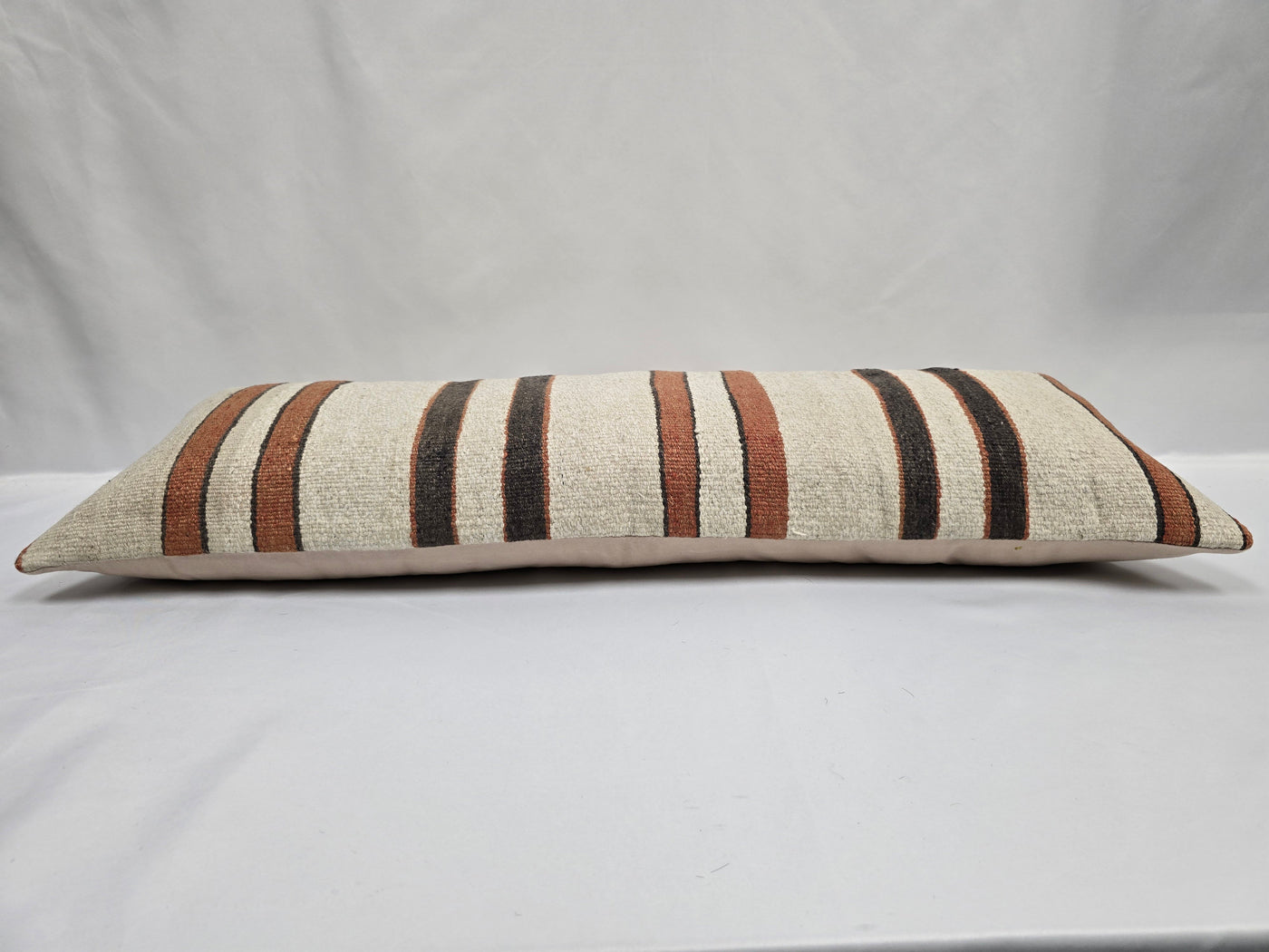 Turkish Lumbar Rug Pillow Cream Brown Cushion Cover Hemp Pillow 14" x 40" #9454