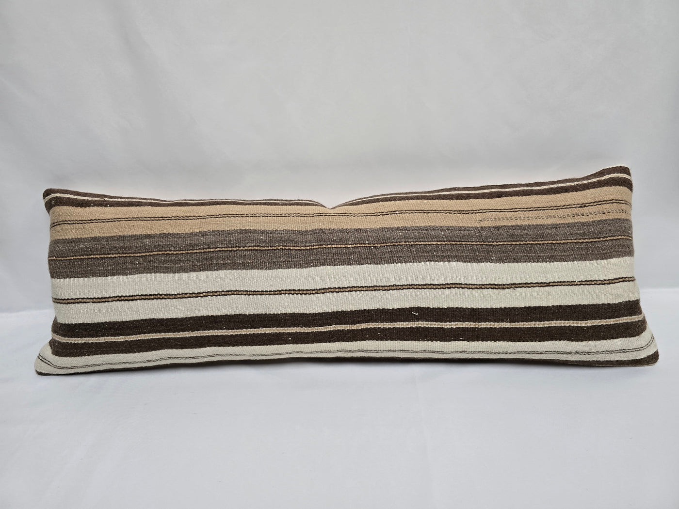 Turkish Lumbar Rug Pillow Cream Brown Cushion Cover Hemp Pillow 14" x 40" #9453