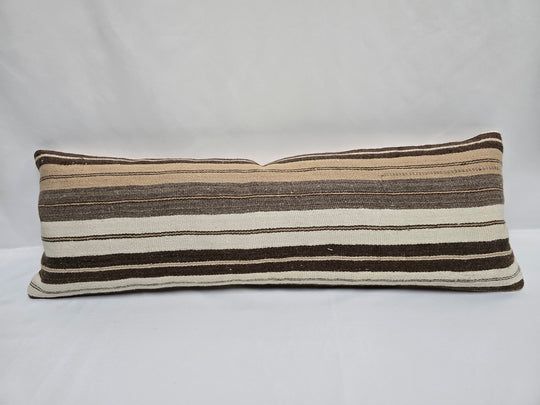 Turkish Lumbar Rug Pillow Cream Brown Cushion Cover Hemp Pillow 14" x 40" #9453