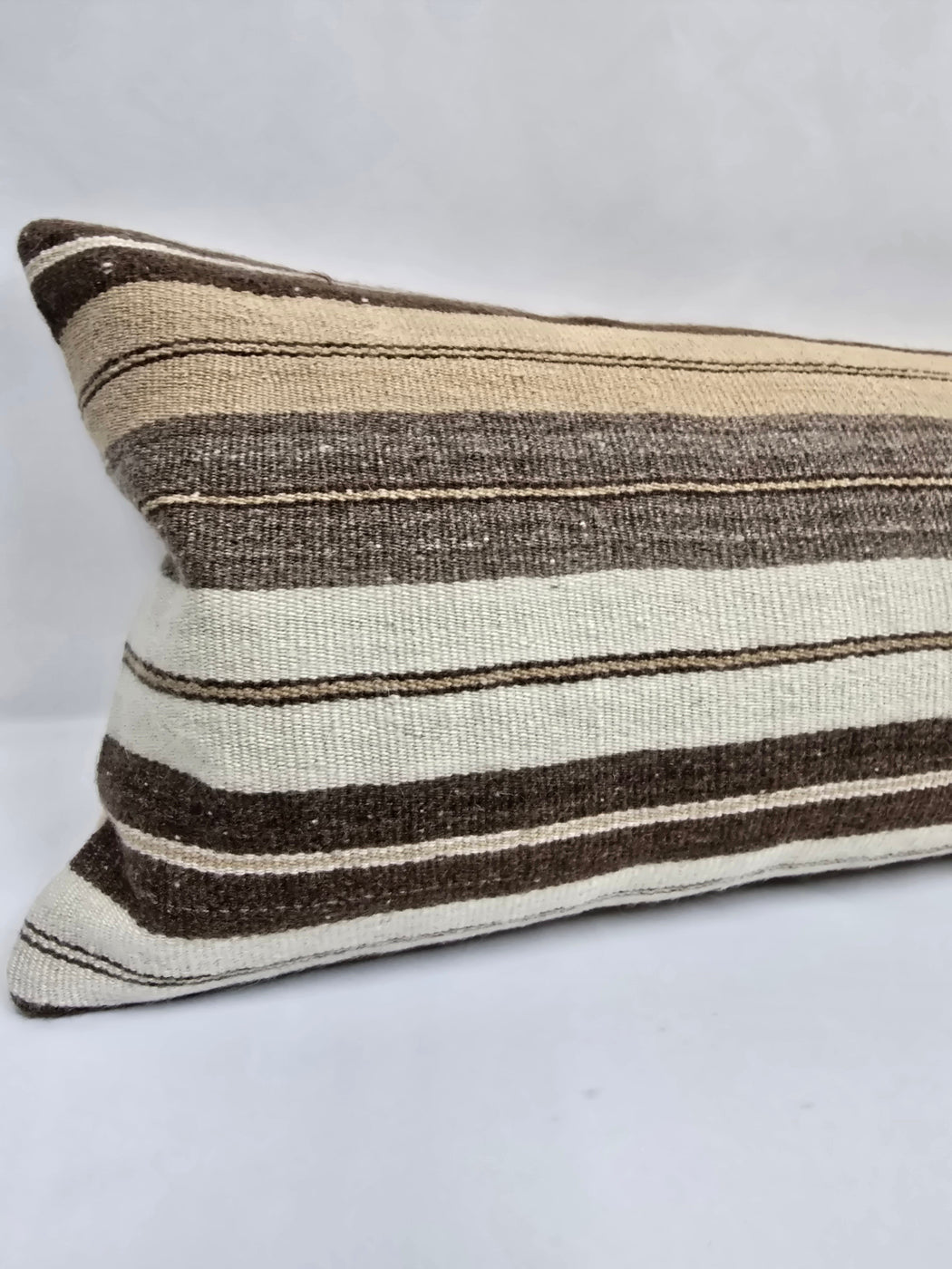 Turkish Lumbar Rug Pillow Cream Brown Cushion Cover Hemp Pillow 14" x 40" #9453