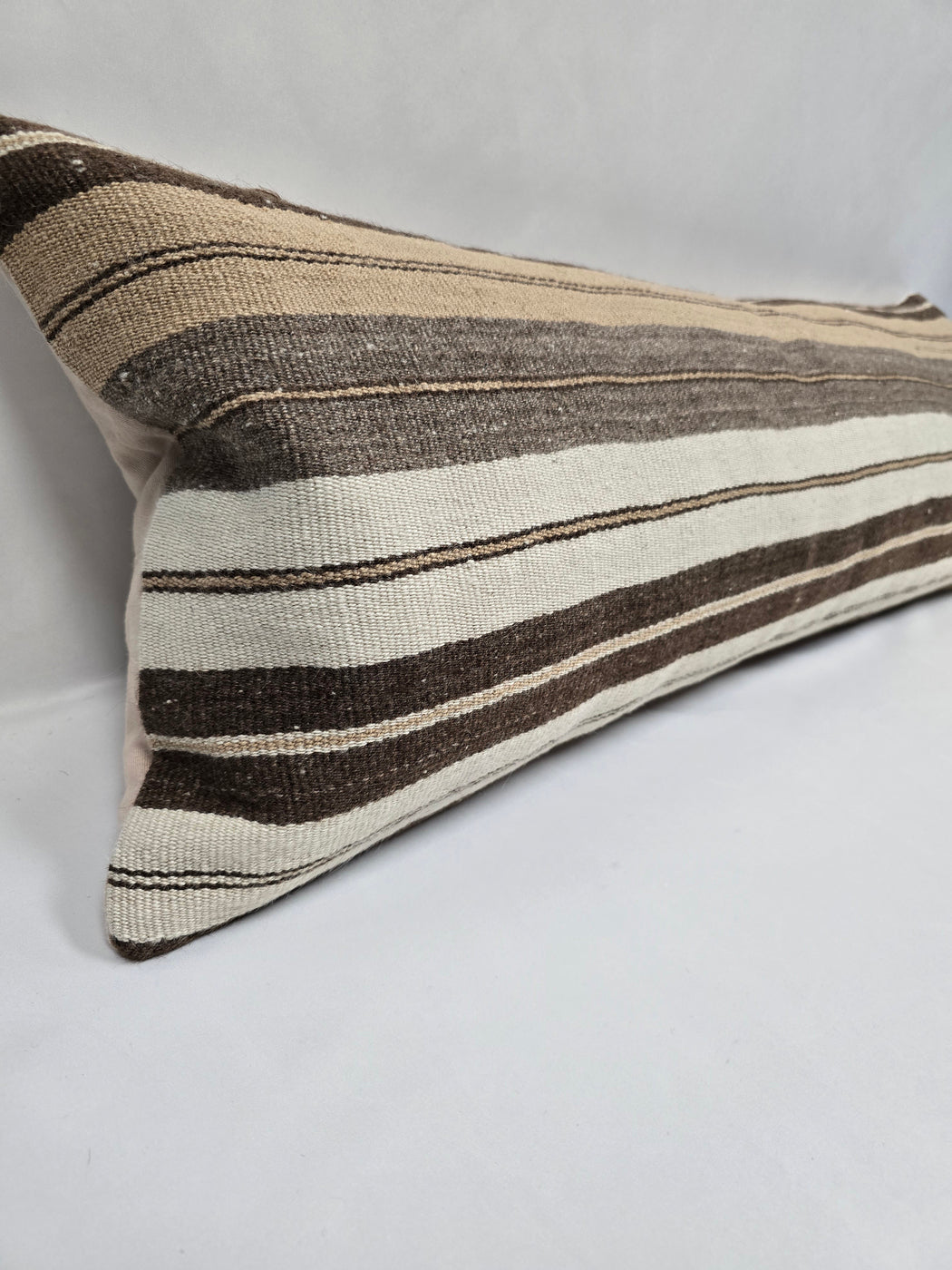 Turkish Lumbar Rug Pillow Cream Brown Cushion Cover Hemp Pillow 14" x 40" #9453