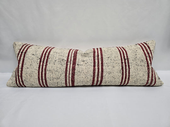 Turkish Lumbar Rug Pillow Cream Black Cushion Cover Hemp Pillow 14" x 40" #9452