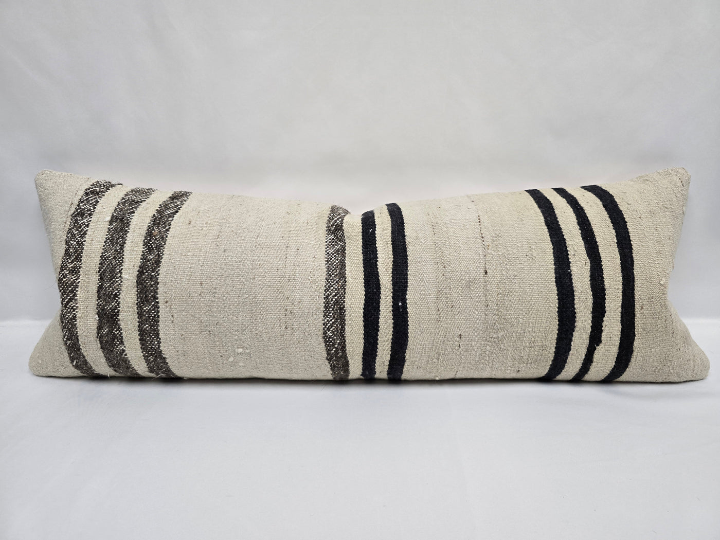 Turkish Lumbar Rug Pillow Cream Black Brown Cushion Cover Hemp Pillow 14" x 40" #9451