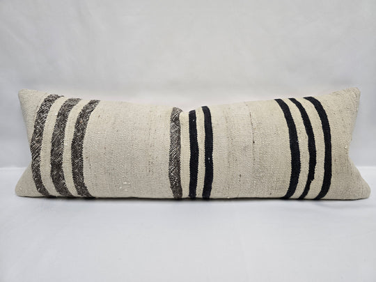 Turkish Lumbar Rug Pillow Cream Black Brown Cushion Cover Hemp Pillow 14" x 40" #9451