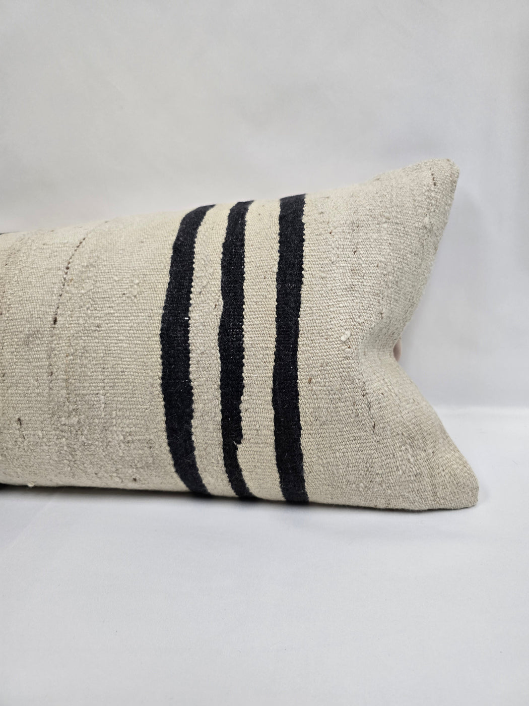 Turkish Lumbar Rug Pillow Cream Black Brown Cushion Cover Hemp Pillow 14" x 40" #9451