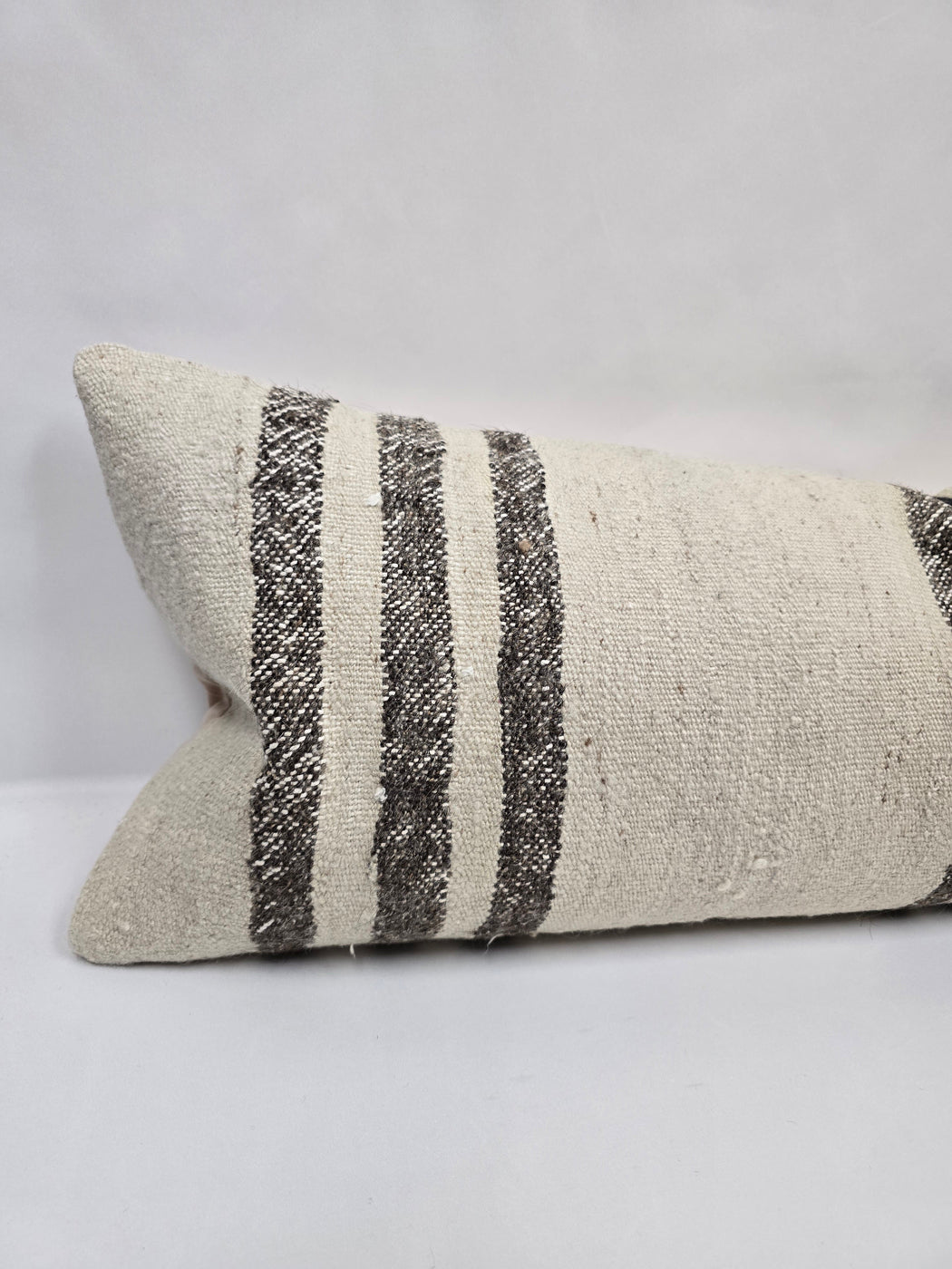 Turkish Lumbar Rug Pillow Cream Black Brown Cushion Cover Hemp Pillow 14" x 40" #9451