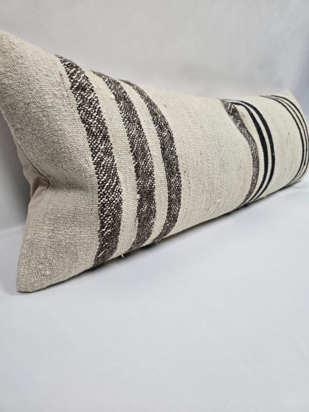 Turkish Lumbar Rug Pillow Cream Black Brown Cushion Cover Hemp Pillow 14" x 40" #9451