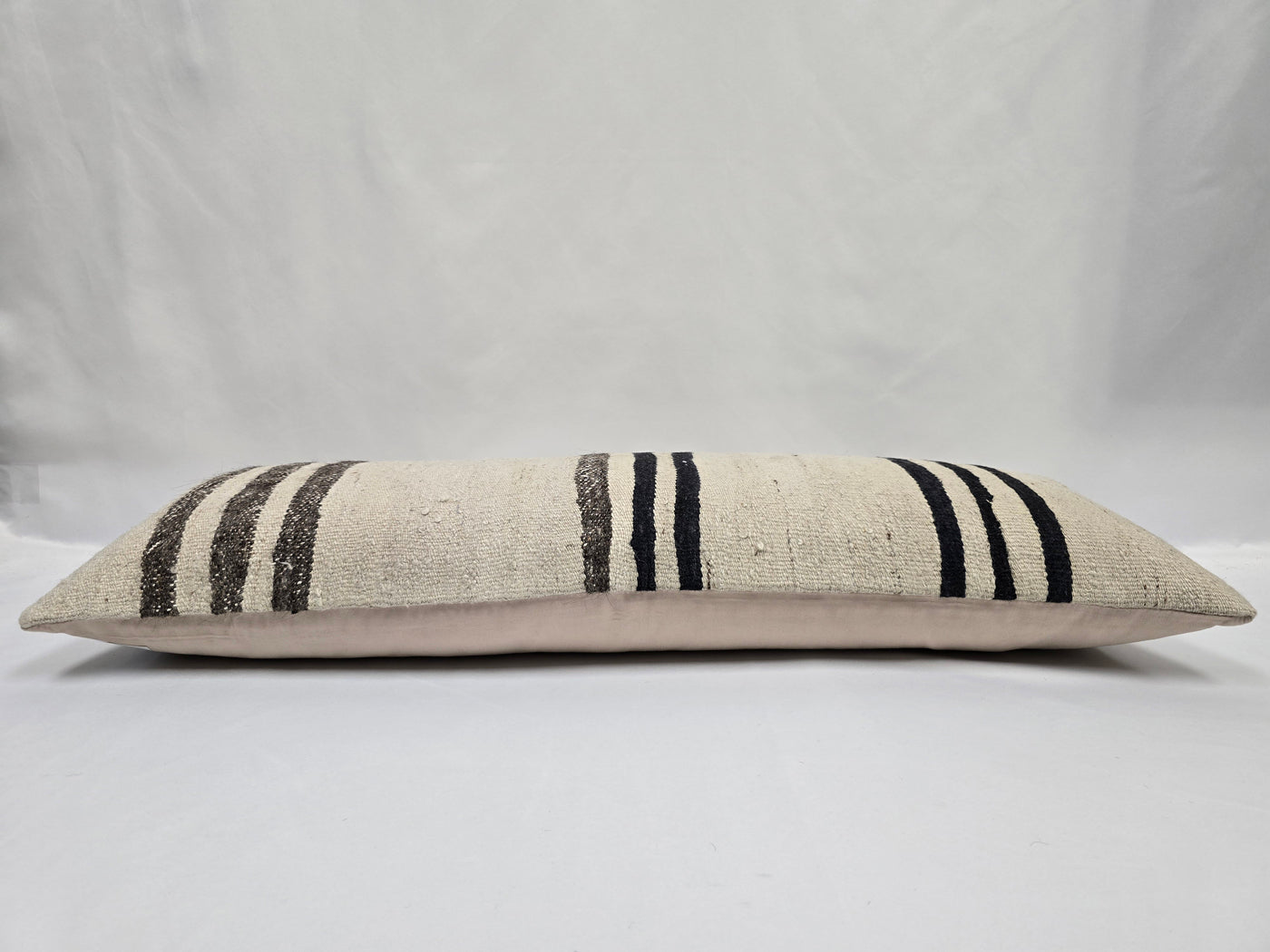 Turkish Lumbar Rug Pillow Cream Black Brown Cushion Cover Hemp Pillow 14" x 40" #9451
