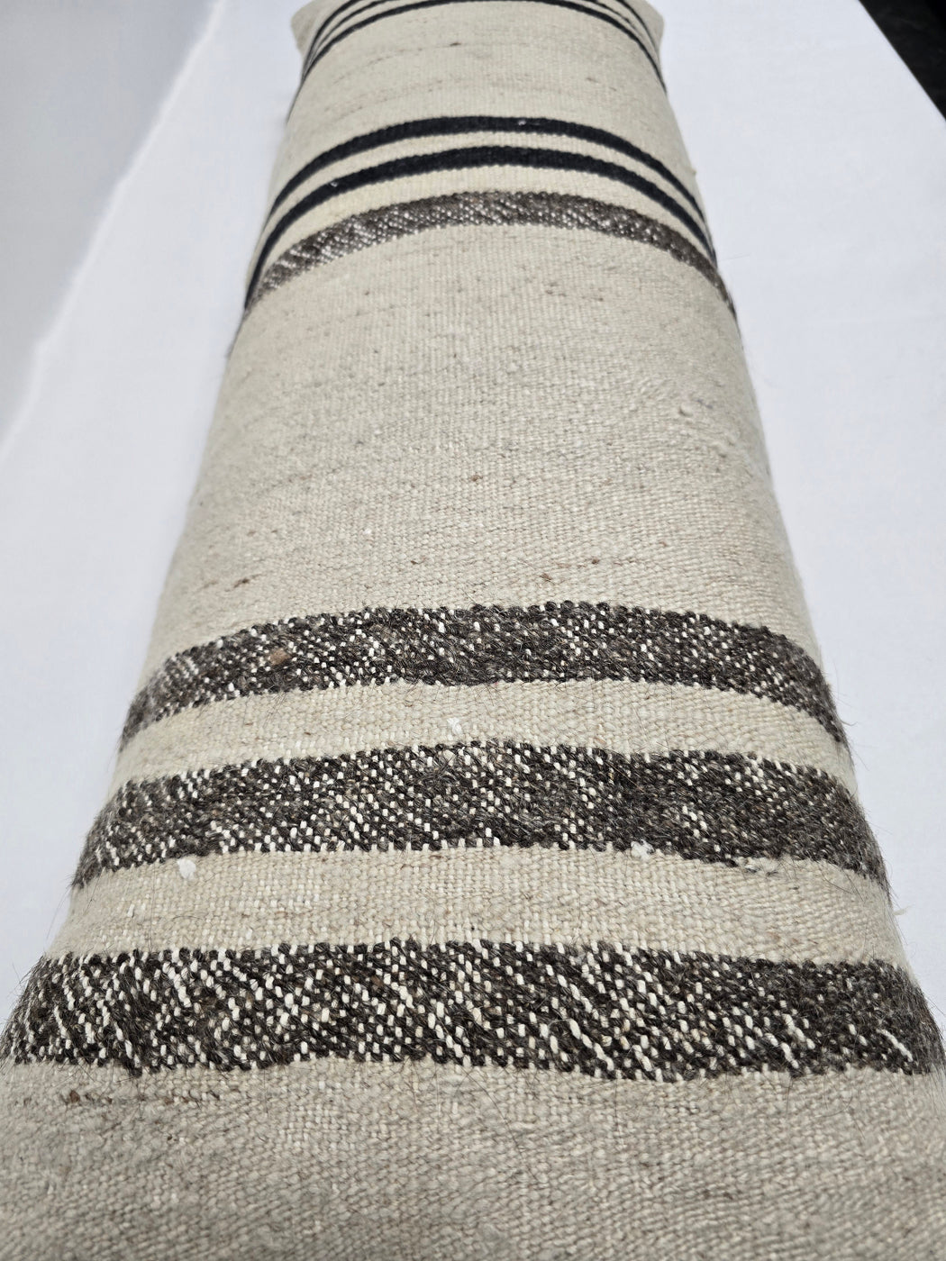 Turkish Lumbar Rug Pillow Cream Black Brown Cushion Cover Hemp Pillow 14" x 40" #9451