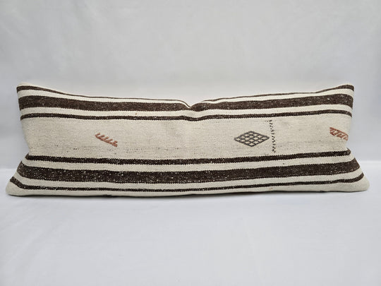 Turkish Lumbar Rug Pillow Cream Brown Charcoal Cushion Cover Hemp Pillow 14" x 40" #9449