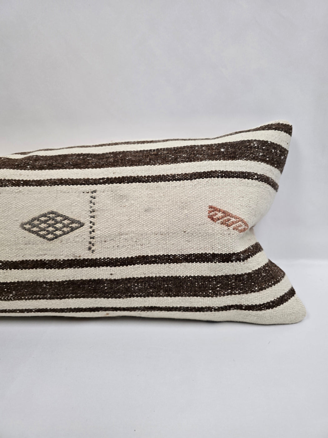 Turkish Lumbar Rug Pillow Cream Brown Charcoal Cushion Cover Hemp Pillow 14" x 40" #9449