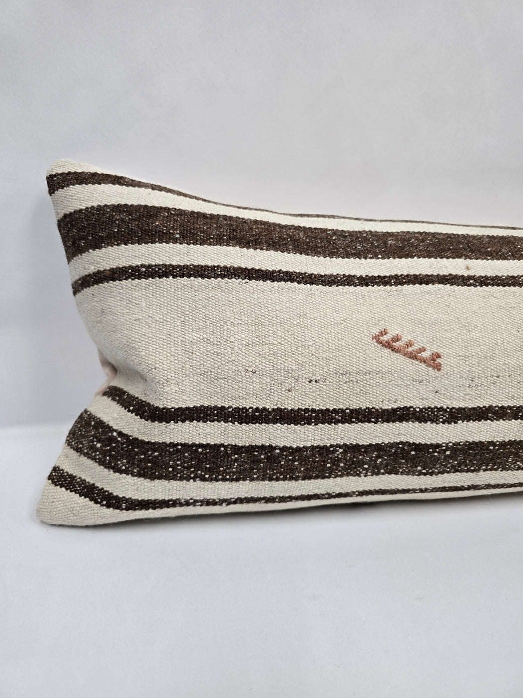 Turkish Lumbar Rug Pillow Cream Brown Charcoal Cushion Cover Hemp Pillow 14" x 40" #9449