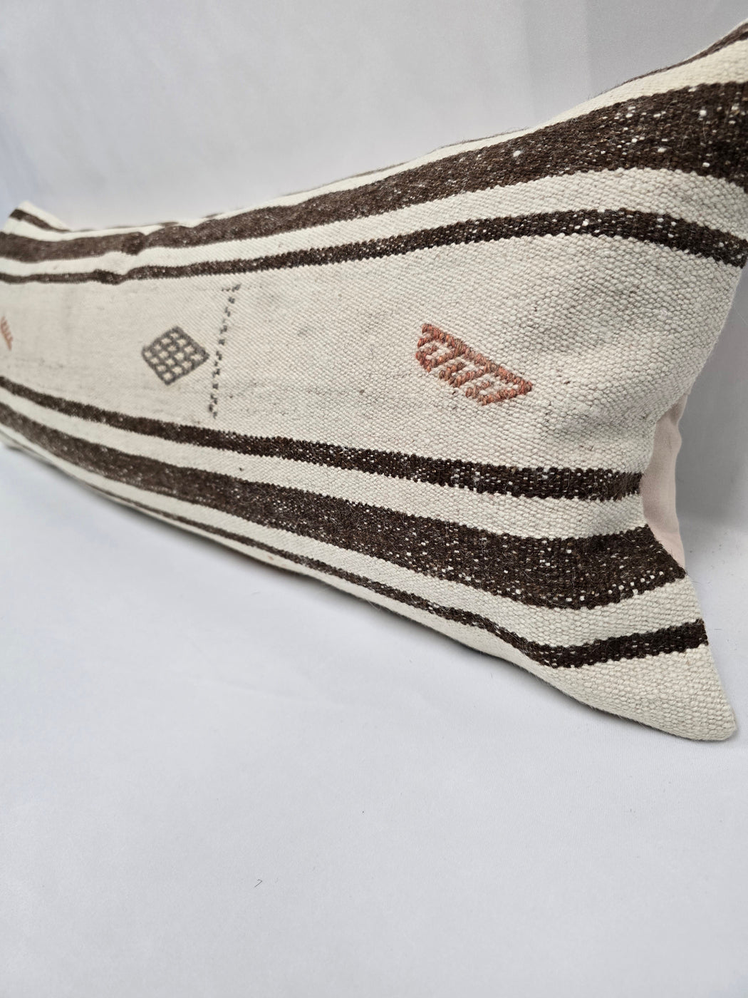 Turkish Lumbar Rug Pillow Cream Brown Charcoal Cushion Cover Hemp Pillow 14" x 40" #9449